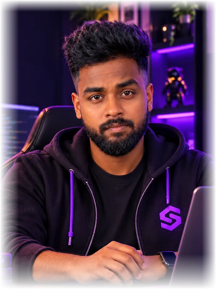 Sulaxshan Murukananthan, founder and developer at Sulax Digital, sitting at a desk with a laptop
