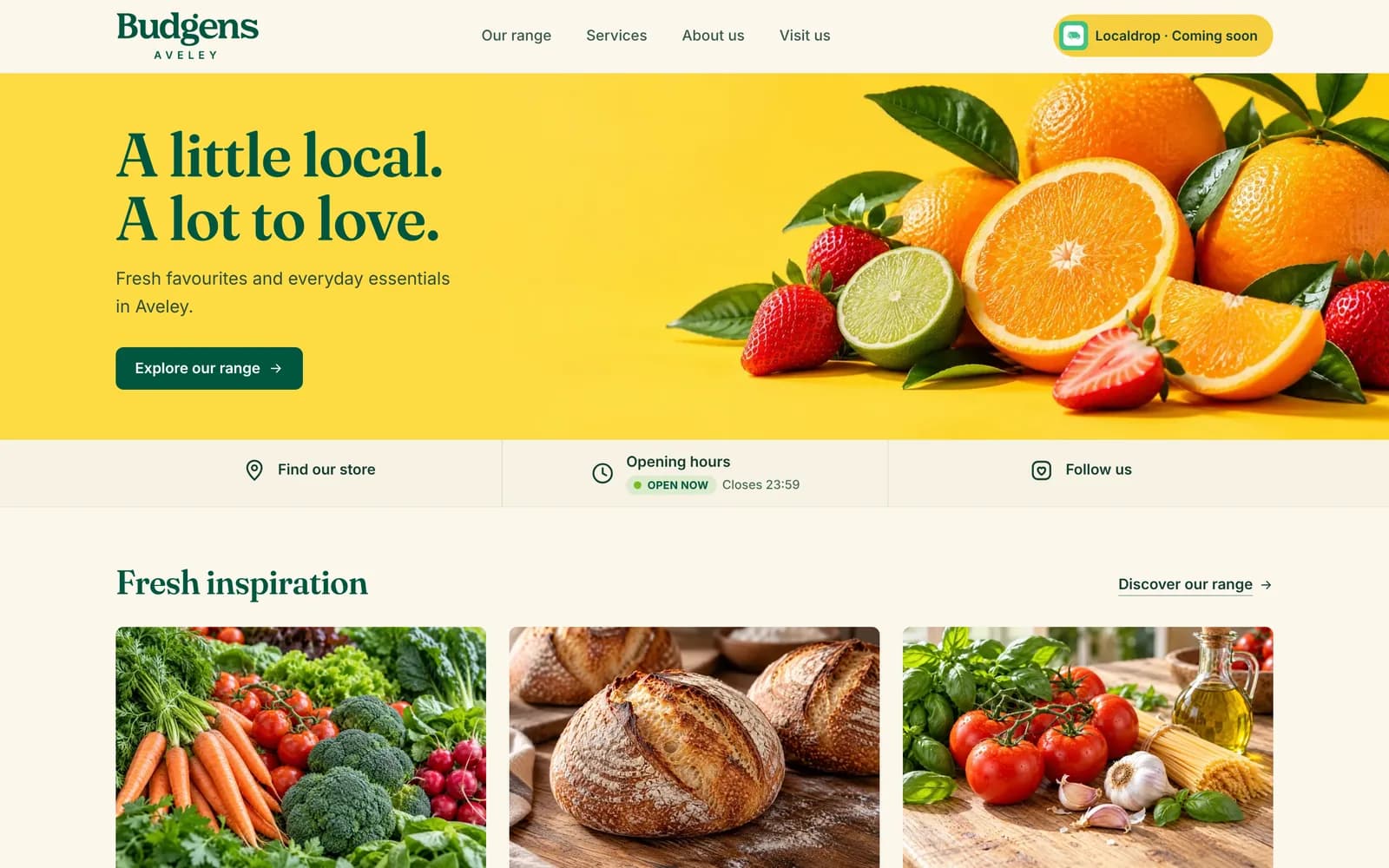 Budgens Aveley website homepage on a desktop screen: the green header, the headline “A little local. A lot to love.” and the store shortcuts