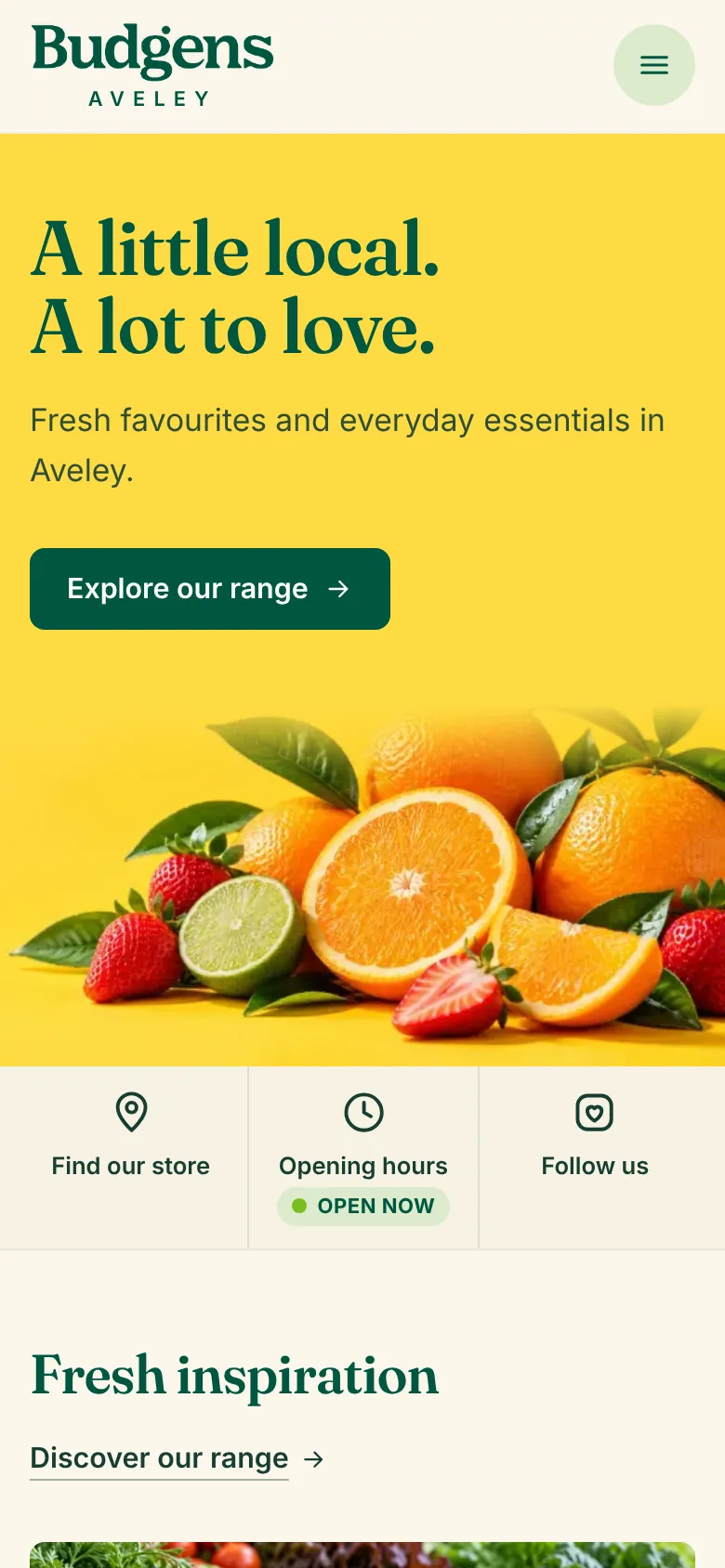 Budgens Aveley website homepage on a phone, with the compact header, the Localdrop coming-soon notice and the headline