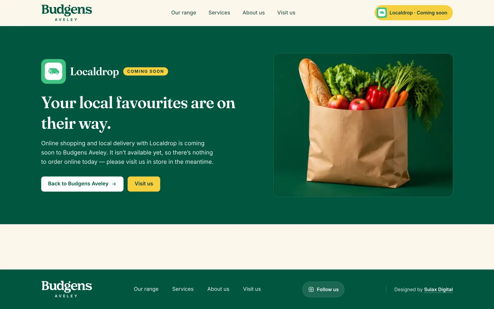 Budgens Aveley website Localdrop page on a desktop screen, stating that online ordering and delivery are coming soon