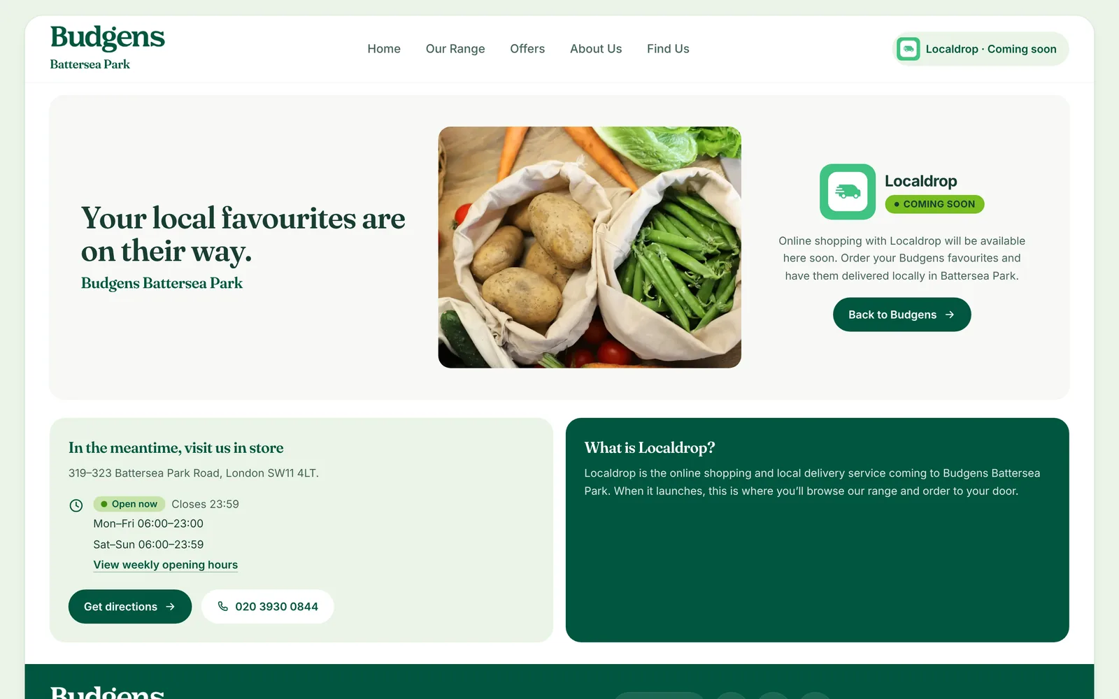 Budgens Battersea Park website Localdrop coming-soon page on a desktop screen, stating that online shopping with Localdrop will be available soon