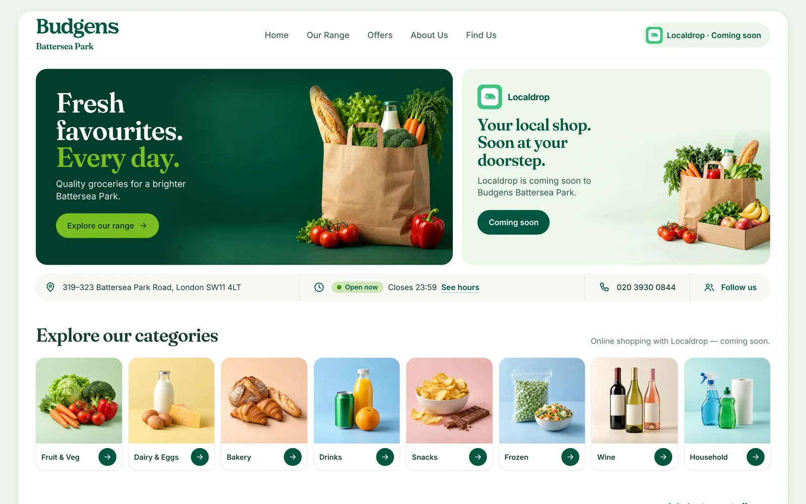 Budgens Battersea Park website homepage on a desktop screen: the green header with the store name, the headline “Fresh favourites. Every day.” and the store information strip