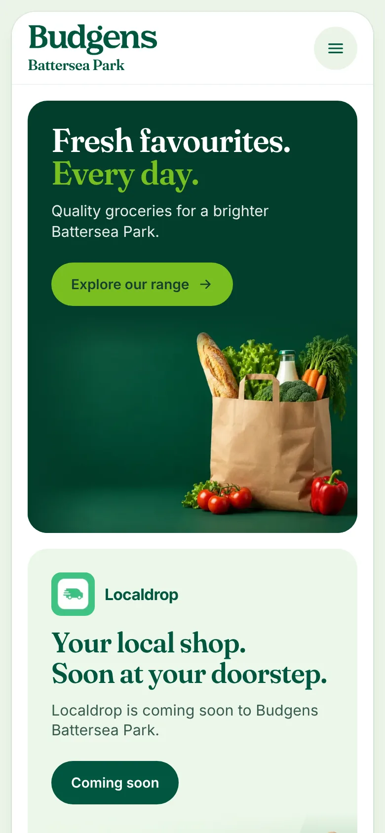 Budgens Battersea Park website homepage on a phone, with the compact header, the Localdrop coming-soon notice and the headline