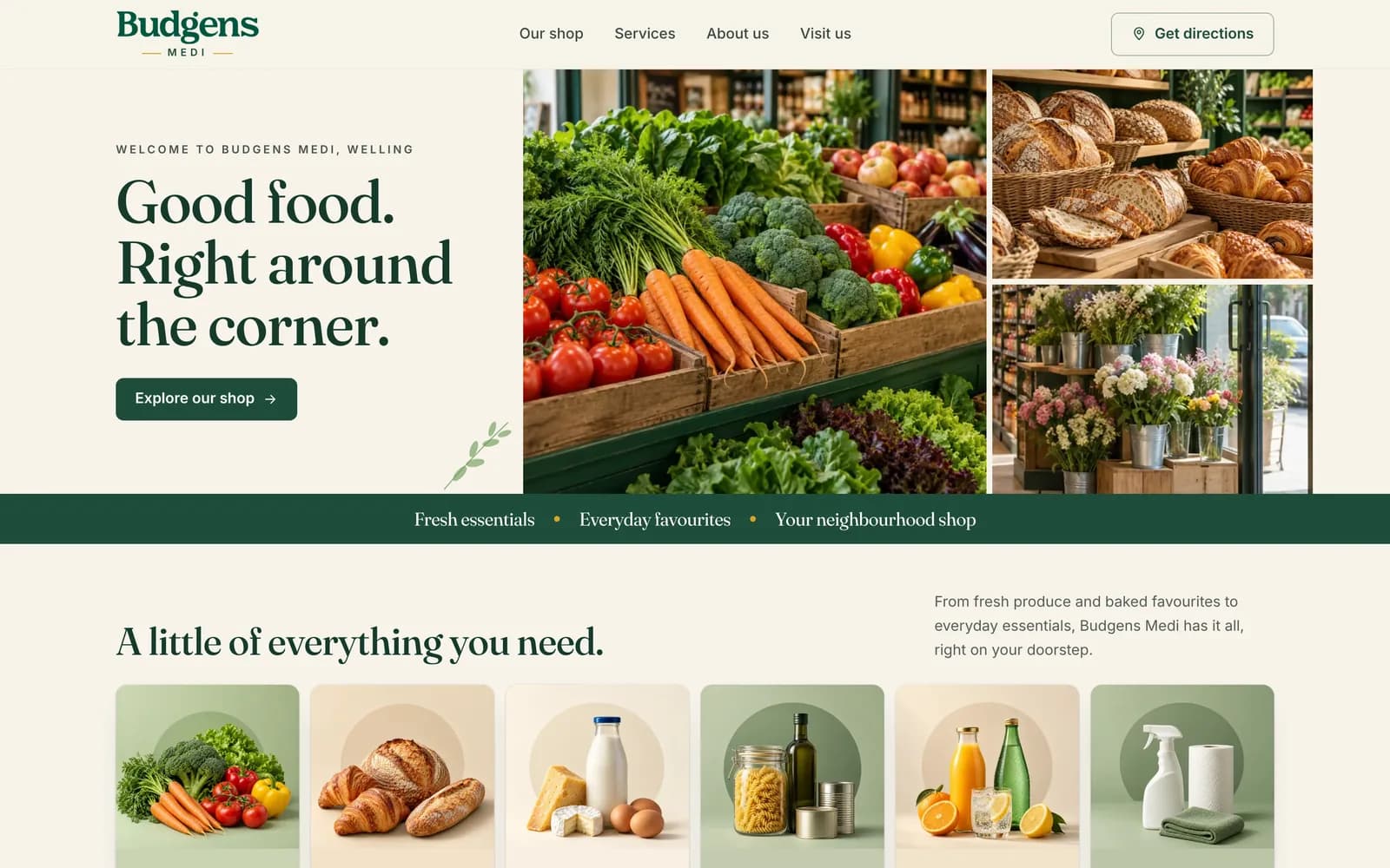 Budgens Medi website homepage on a desktop screen: the green header, the welcome line for Welling and the headline “Good food. Right around the corner.”