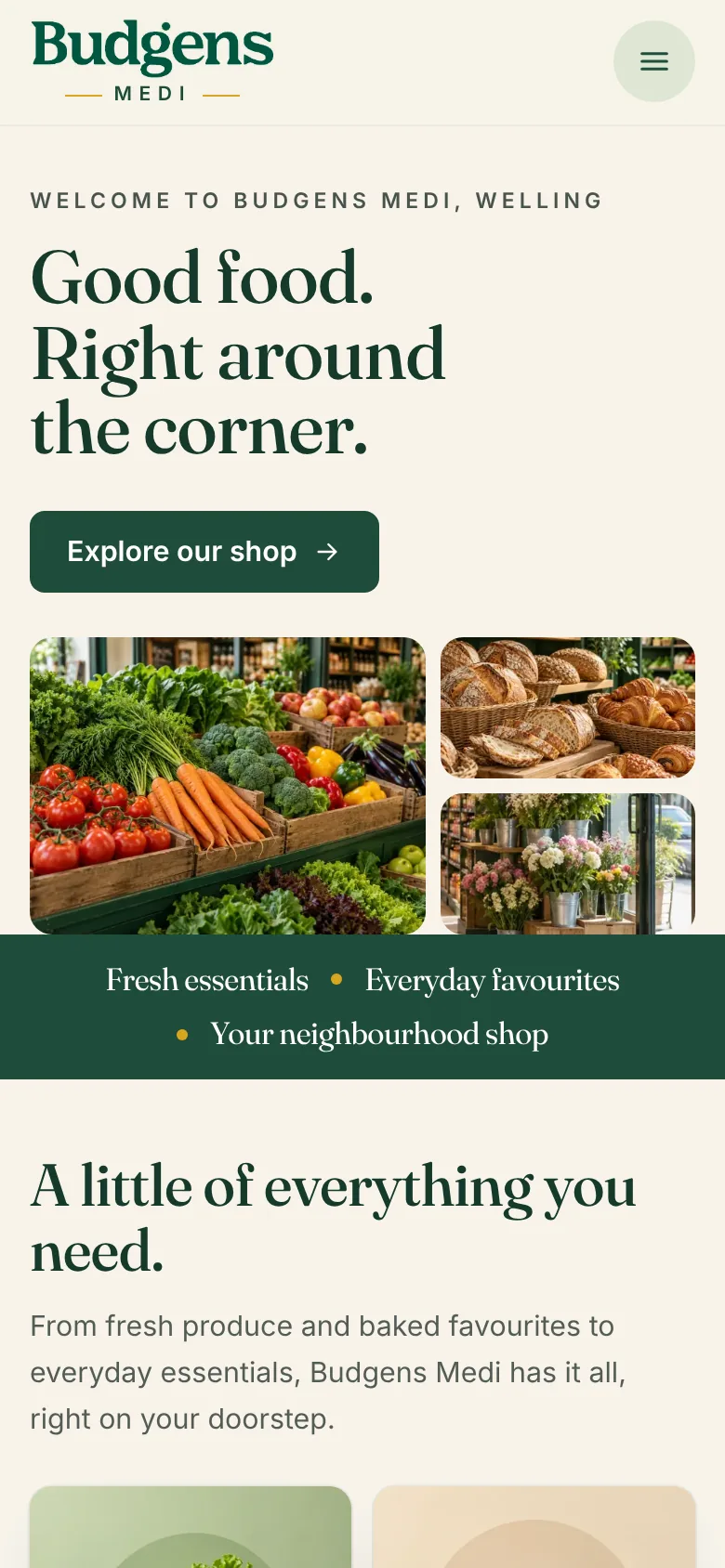 Budgens Medi website homepage on a phone, with the compact header, the directions link and the headline