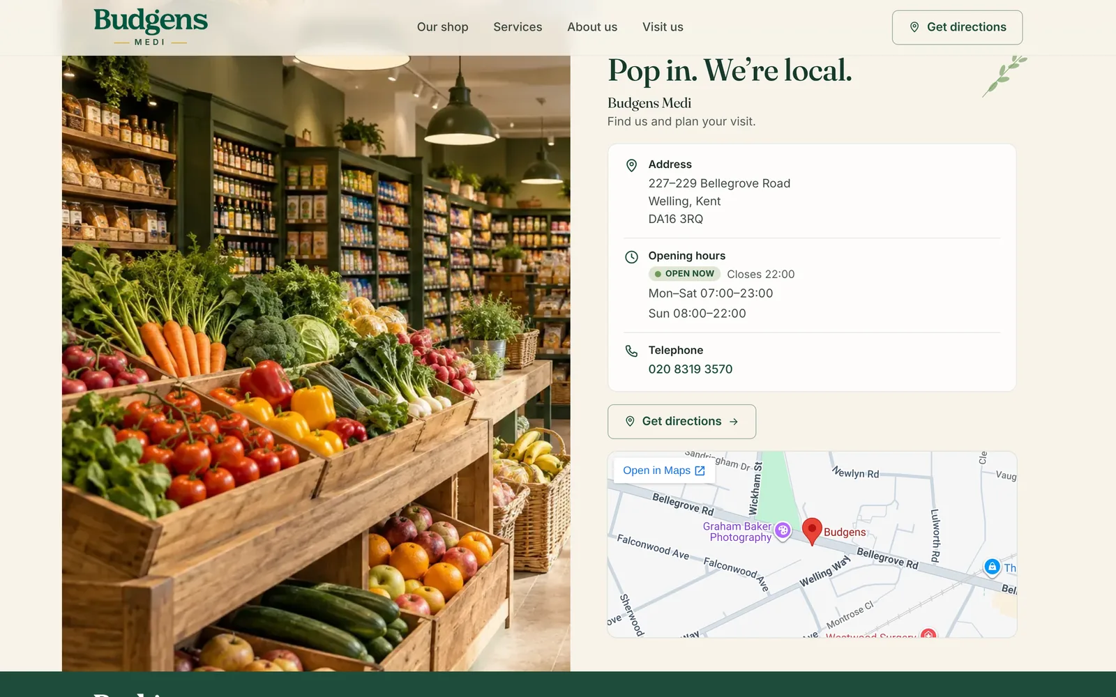 Budgens Medi website Visit us section on a desktop screen, with the address, opening hours, telephone number and directions link